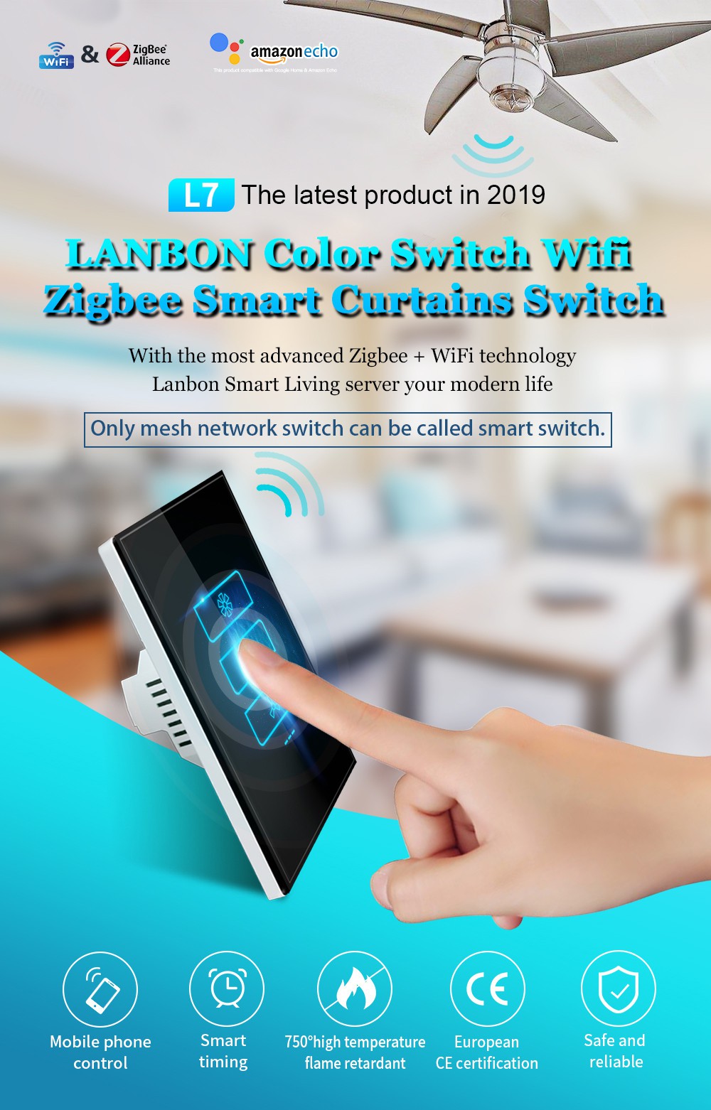 LANEON Color Switch wifi Zigbee Smart Fan Switch L7-HF-01 LANEON Color Switch wifi Zigbee Smart Fan Switch L7-HF-01